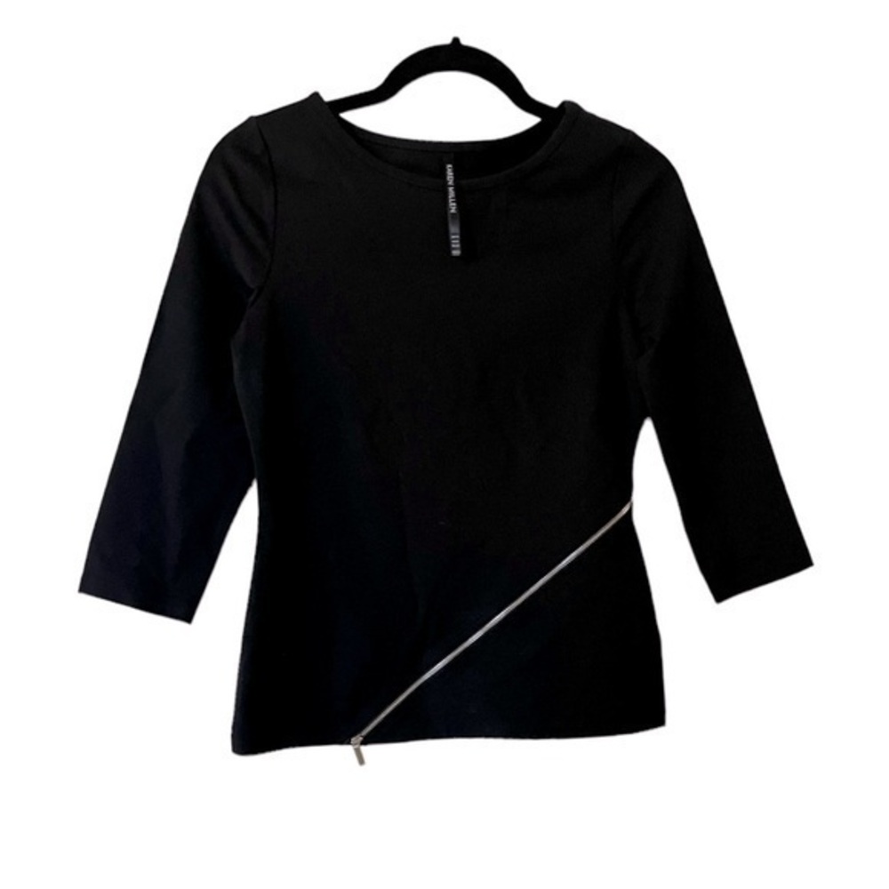 Karen Millen Black Asymmetrical Zipper Trimmed Long Sleeve Knit Top